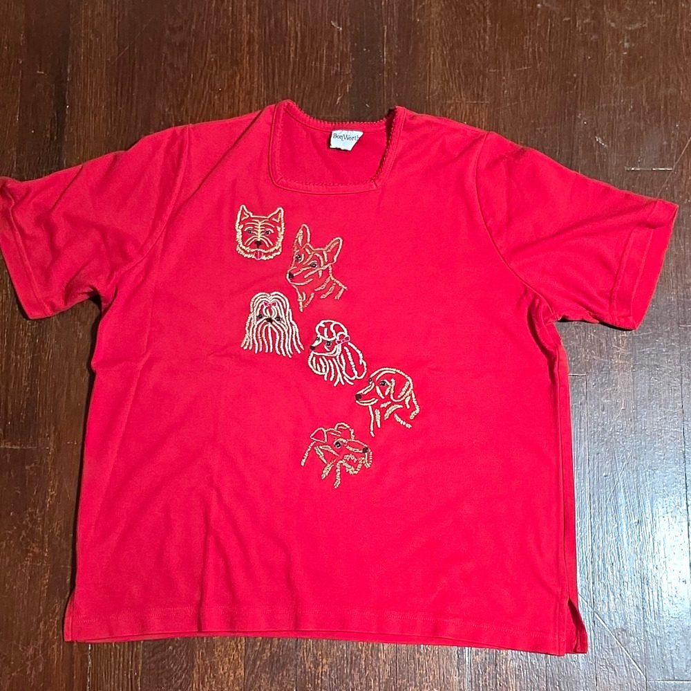 VTG 90s BonWorth Embroidered Dog T-Shirt XL Red Cute Kitsch Grandmacore Dog Mom